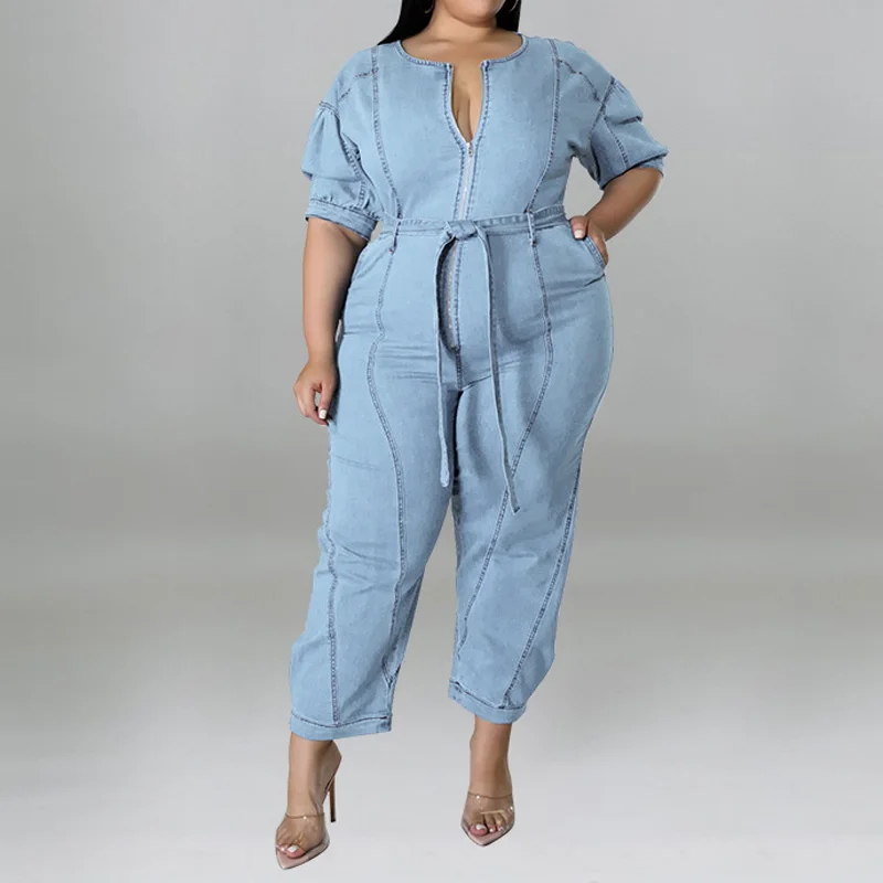 Benuynffy Plus Size Half Zipper Front Belted Jeans Jumpsuit Women 2025 New Streetwear Puff Sleeve Fashion Washed Denim Jumpsuit image 3