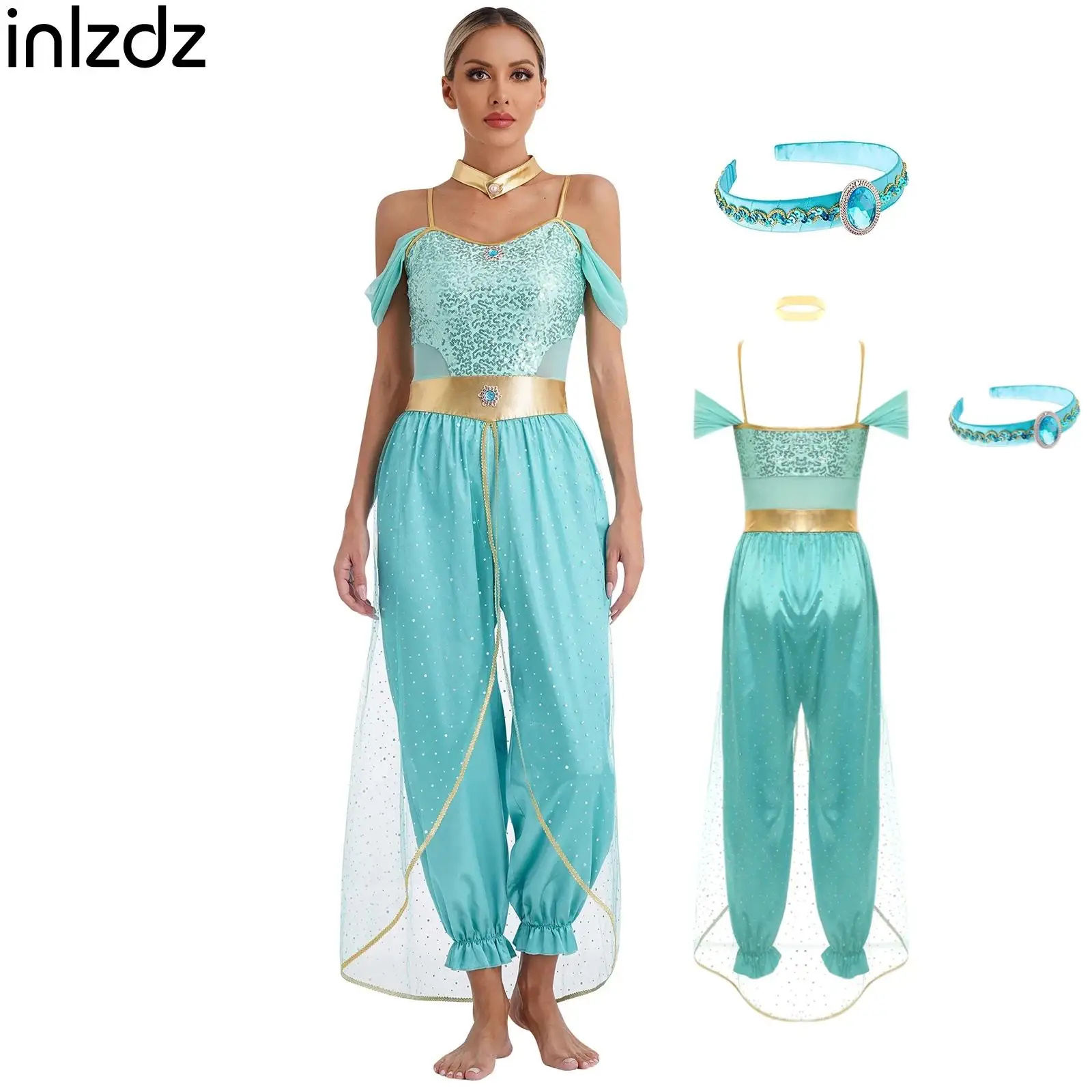 

Womens Arabian Princess Costumes Outfits Sequin Tulle Rompers Belly Dance Jumpsuit for Halloween Carnival Party Jasmines Outfit