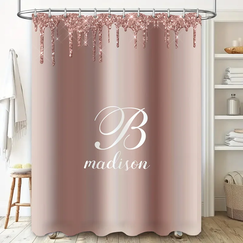 Personalized Waterproof Bath Shower Curtain Decorative Soft Fabric Personalized Family Name Monogram Initials Luxury Rose Gold G
