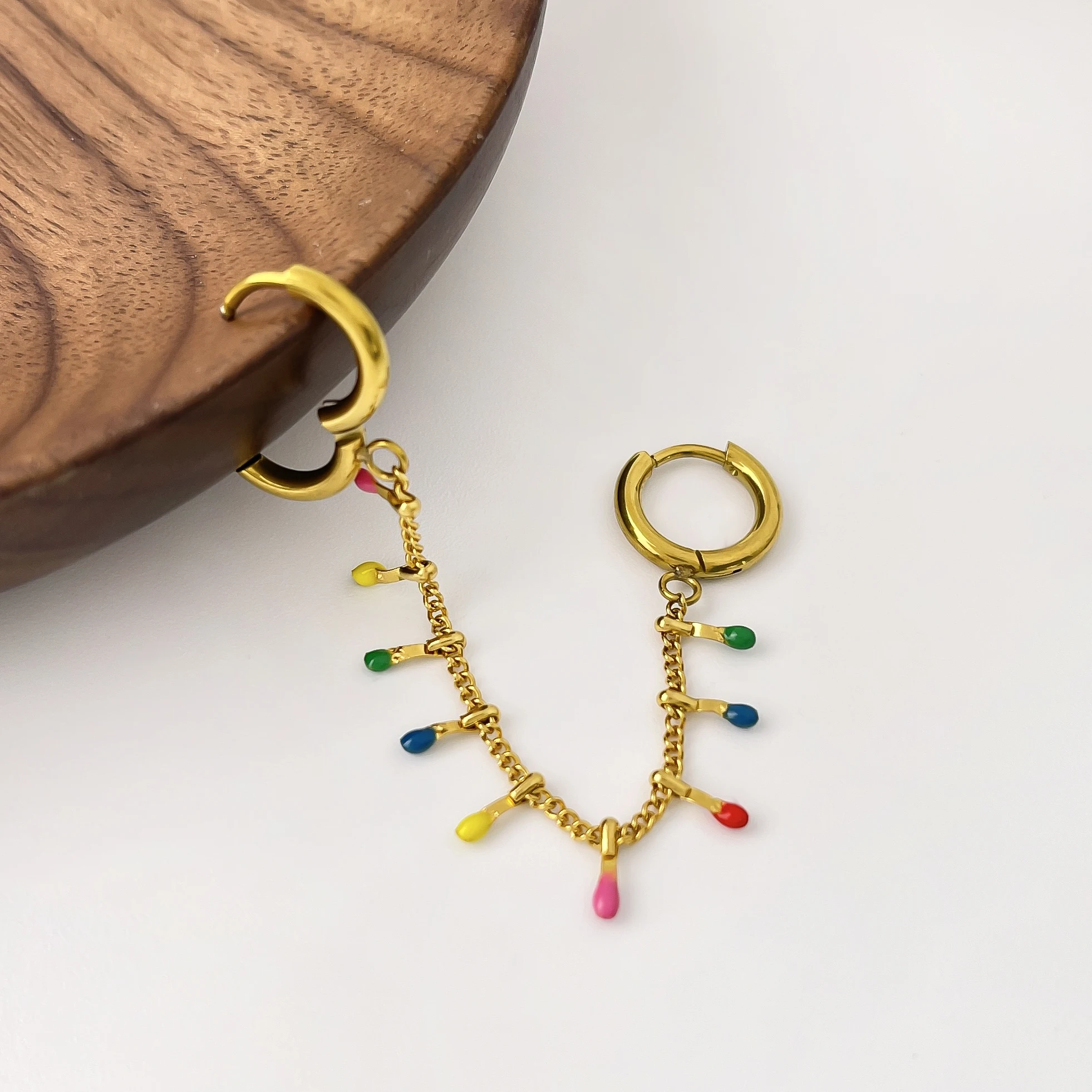 Peri'sbox High Quality Rainbow Color Hoop Earring for Women Unique Double Hole Tassel Chain Stainless Steel Party Trendy Jewelry