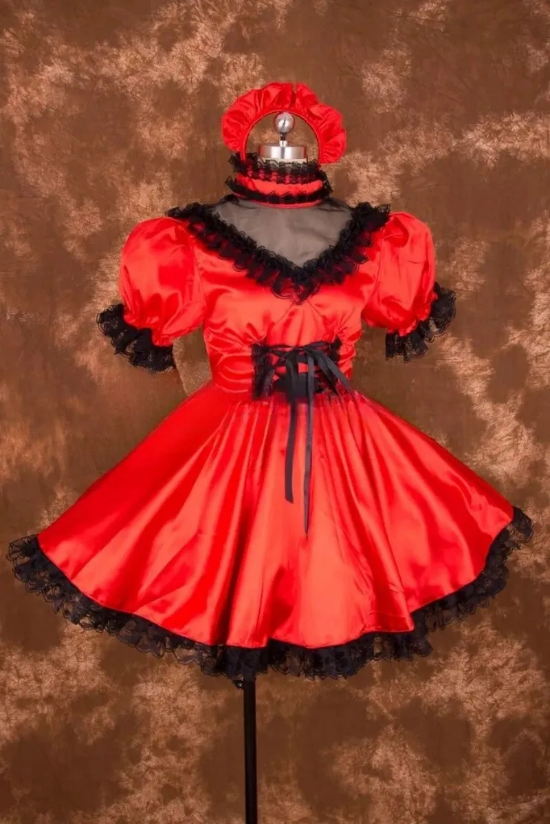 

Sissy girl can lock in red satin lace dress, maid cosplay customized