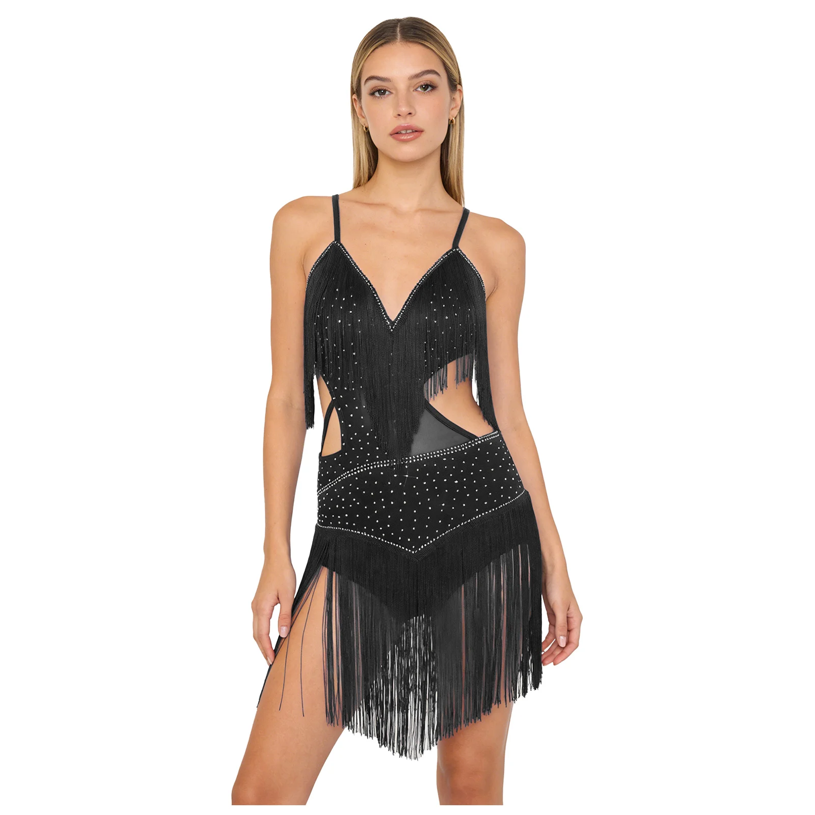 ชุดบอดี้สูทเต้นรำสำหรับผู้หญิง ประดับพู่ห้อย สำหรับการแข่งขันเต้นลาติน ชะชะช่า ลีริคอล ประดับเลื่อม สำหรับเต้นรุมบ้า ซัลซ่า แทงโก้ บอลรูม