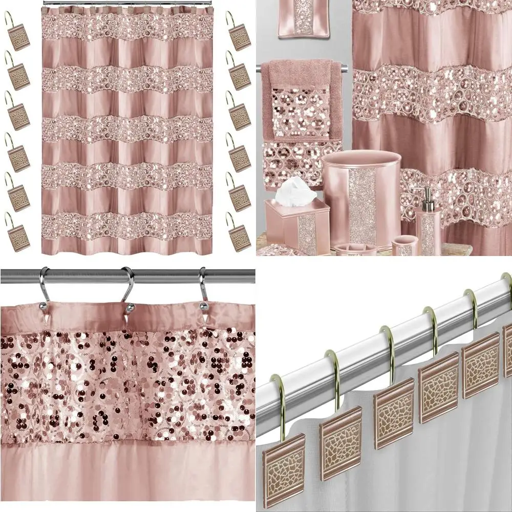 

Luxury Blush Fabric Shower Curtain Set with 12 Hooks - Unique Design and Bling for Sinatra Bathroom