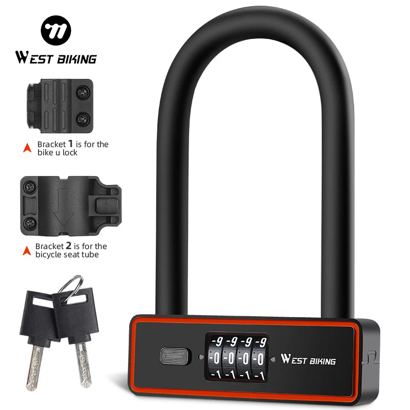 WEST BIKING Bike U Lock Heavy Duty Anti-Theft Security Password Keys Double Protection Bicycle Lock With Bracket Bike Lock