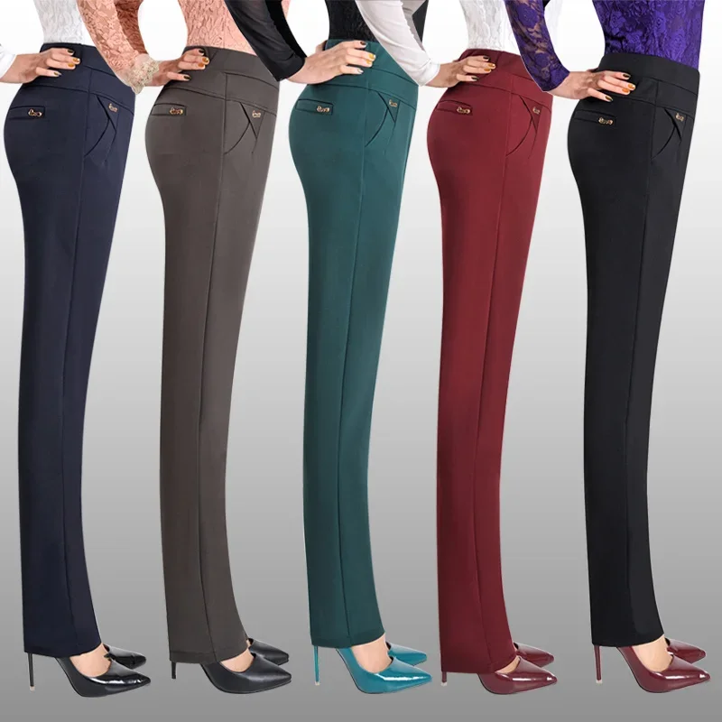 

Simple Versatile Autumn High Waist Elastic Straight Pants Women's Patchwork Pockets Casual Daily Slim Small Feet Trousers Z249