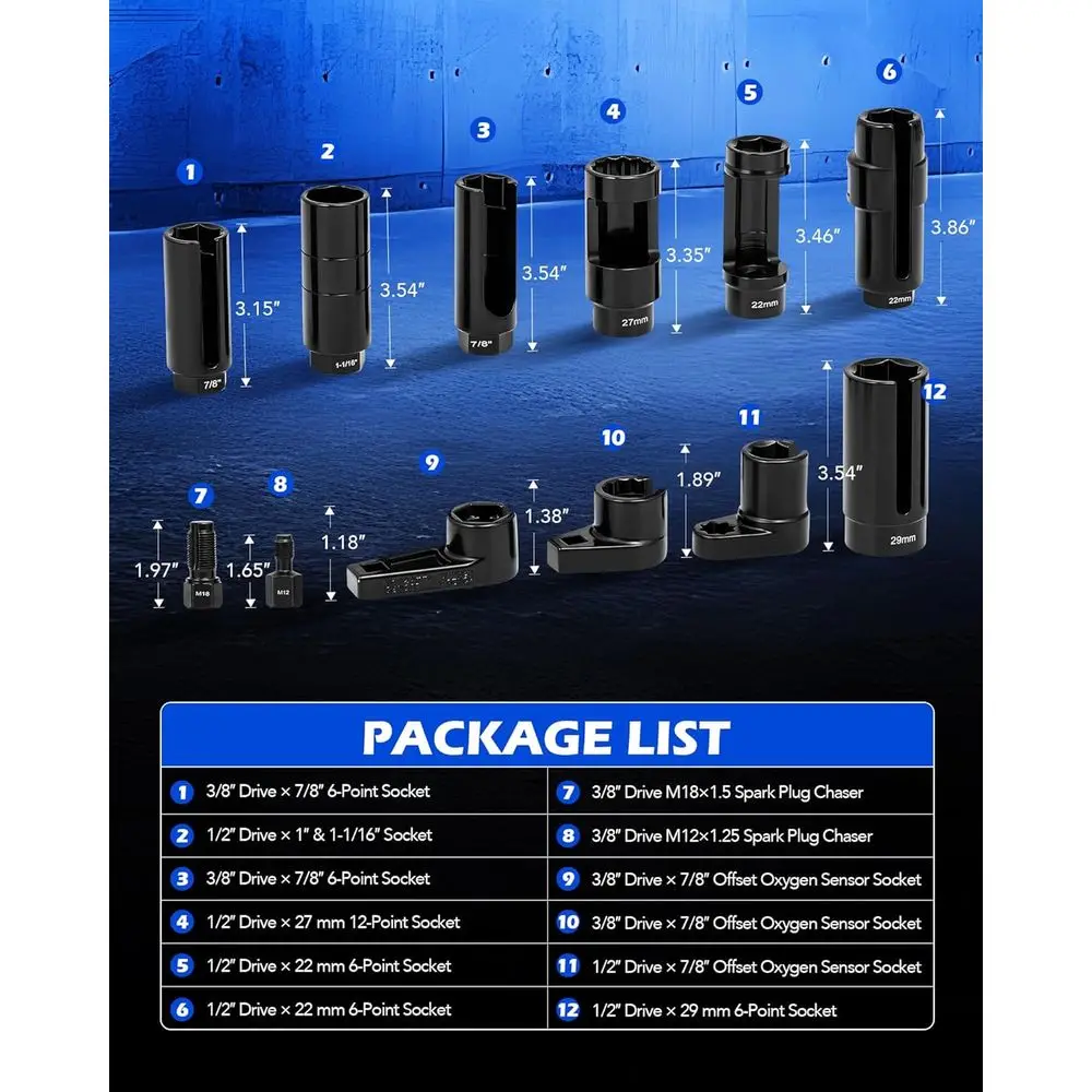 오리온 모터 테크 12피스 산소 센서 소켓 세트, O2 센서 제거 도구 및 나사 체이서 세트 (22mm 27mm 29mm 7/8인치 1-1/16인치 포함)