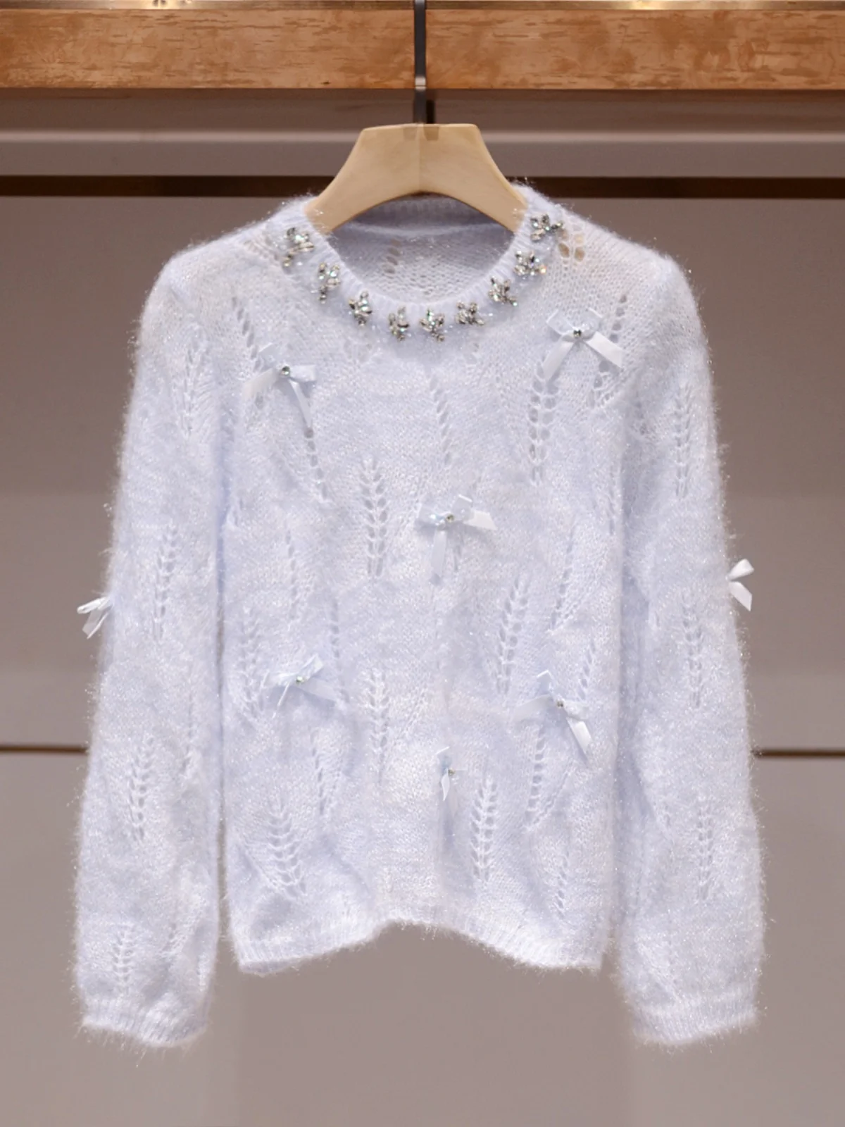 

Синий вязаный свитер женский с круглым вырезом, ажурный, с узлом, нежный, в корейском стиле, для повседневной носки, приталенный, длинный...