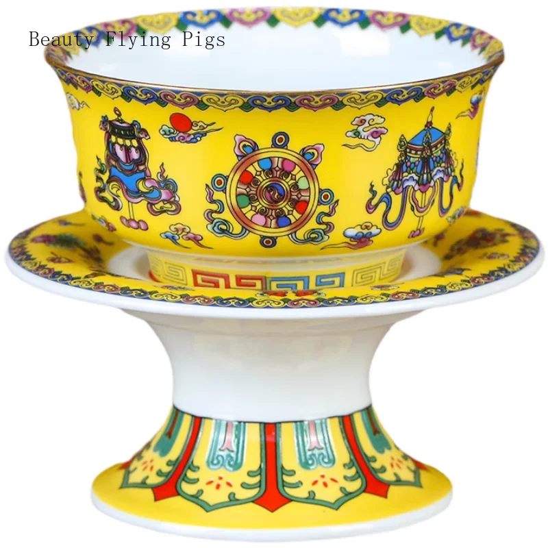 1PCS enamel colored ceramic bowls for offering Buddha supplies in the Eight Auspicious Studio Lotus Buddha Hall Holy Water Cup