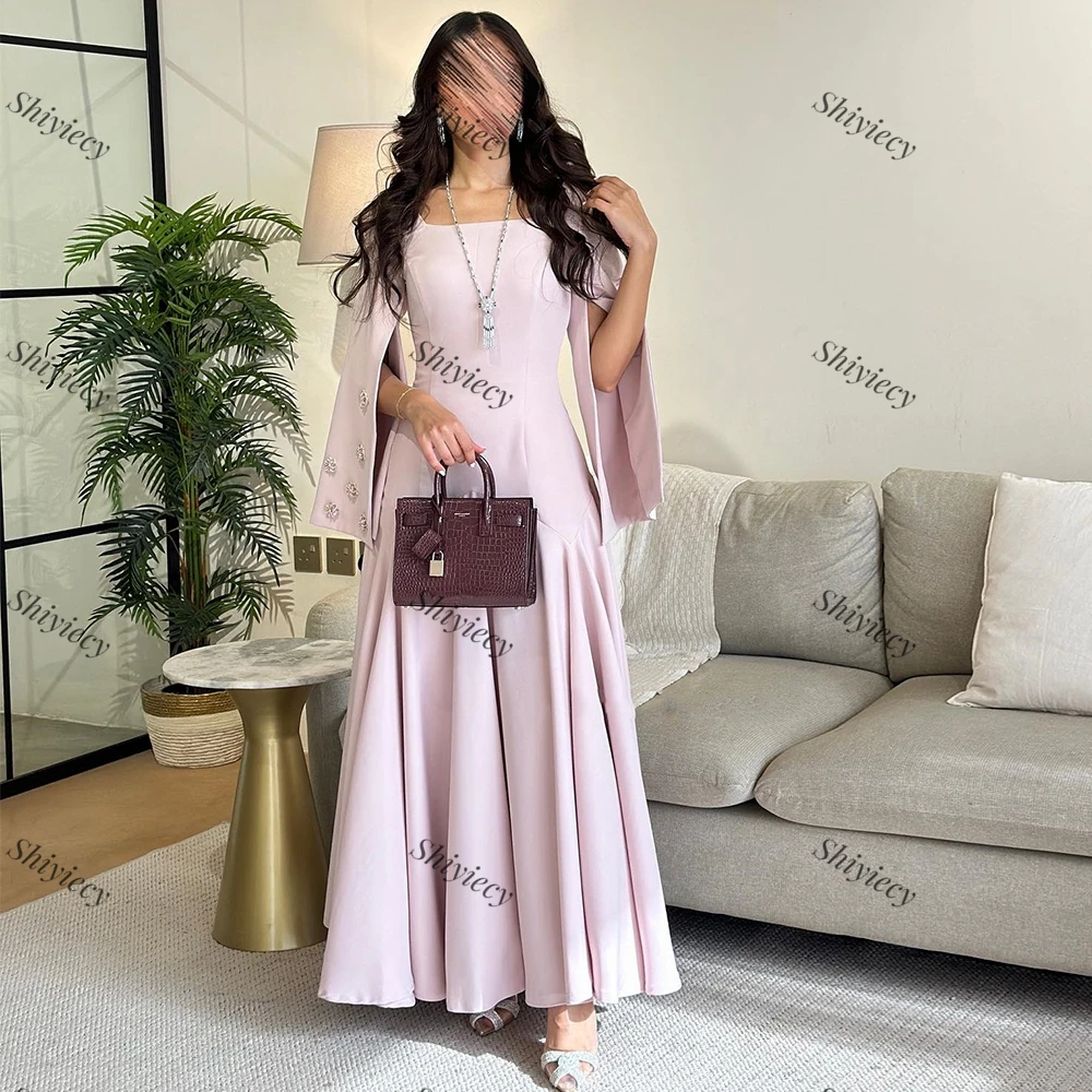 Elegant Evening Dress Saudi Arabia Satin Ankle Length Square Collar A Line Prom Gowns with Beading Formal Occasion Dress 2024