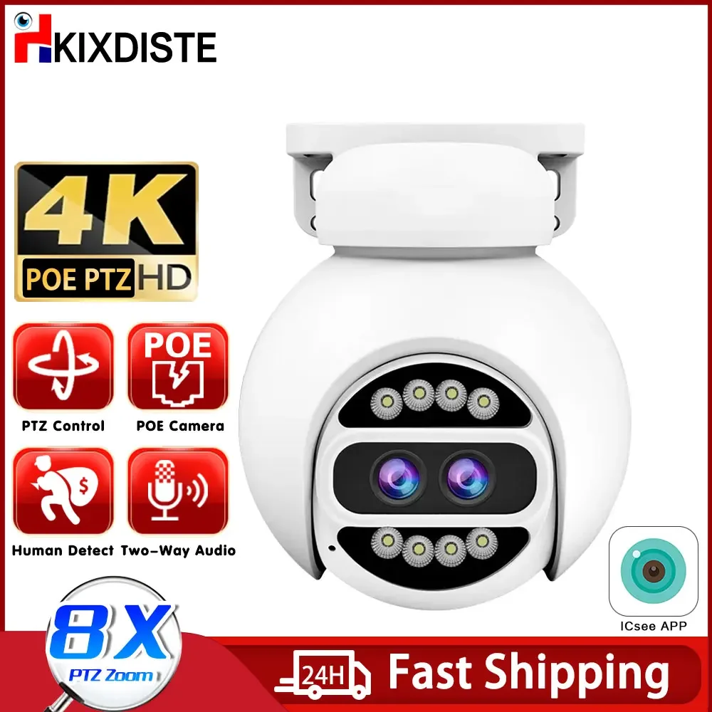 

POE PTZ Camera Dual Lens 8MP 8X Hybrid Zoom Humanoid PTZ Control Colorful Night Vision For Security Surveillance Kit Xmeye ICsee