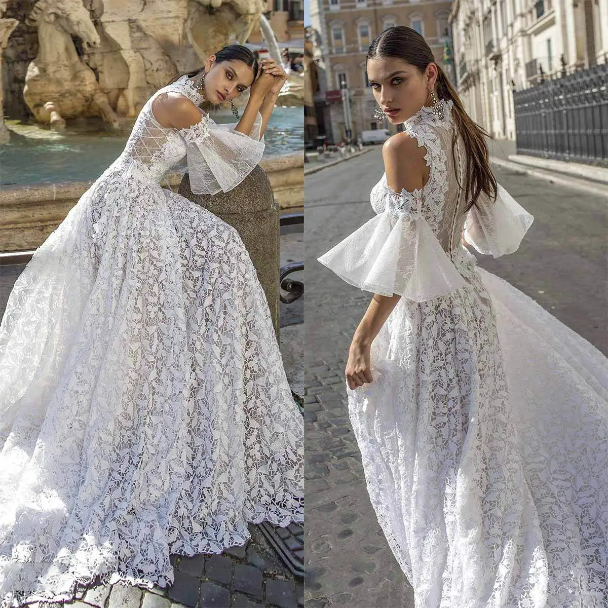 

Luxury A Line Vestido De Novia High Neck Flare Sleeve Wedding Dresses Illusion Lace Sweep Train Bridal Dress