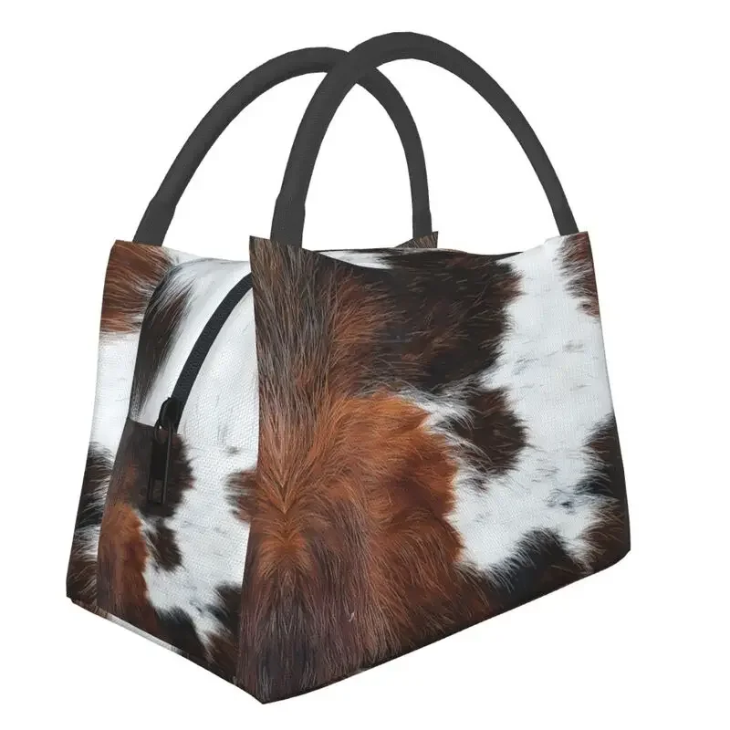 Scottish Highland Cow Cowhide Texture Thermal Insulated Lunch Bag Animal Hide Leather Lunch Container for Picnic Meal Food Box