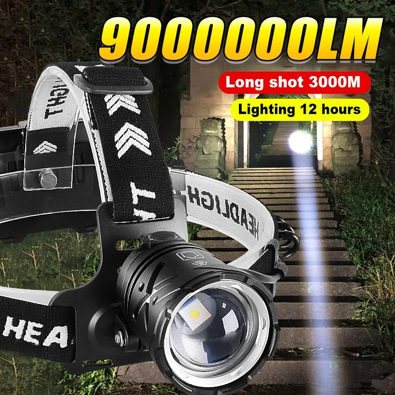 

9000000LM 600W Ultra Powerful Headlamp Head Lantern Front Light 8000LM L2 Rechargeable Type C LED Head Flashlight For Fishing