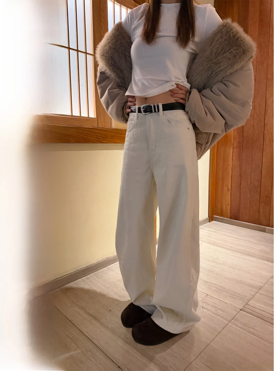 

Зимние широкие брюки D YANGJUN с микро-клешем, повседневные, белые, под флис, универсальные женские джинсы, прямой крой, хлопок, на молнии