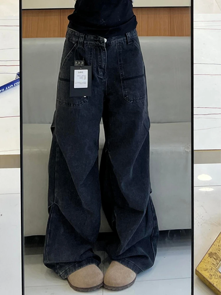 

American Retro Pleated Splicing Black Work Pants Women's Straight Leg High Waist Jeans Cleanfit Long Trousers High End Feeling