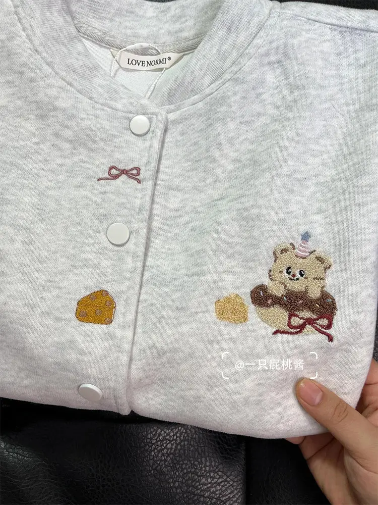 Y2K Korean Preppy Cartoon Bear Cute Embroidered Loose Baseball Jacket Hoodie Women Gray Long Sleever Sweatshirt Coat Sweet Girls