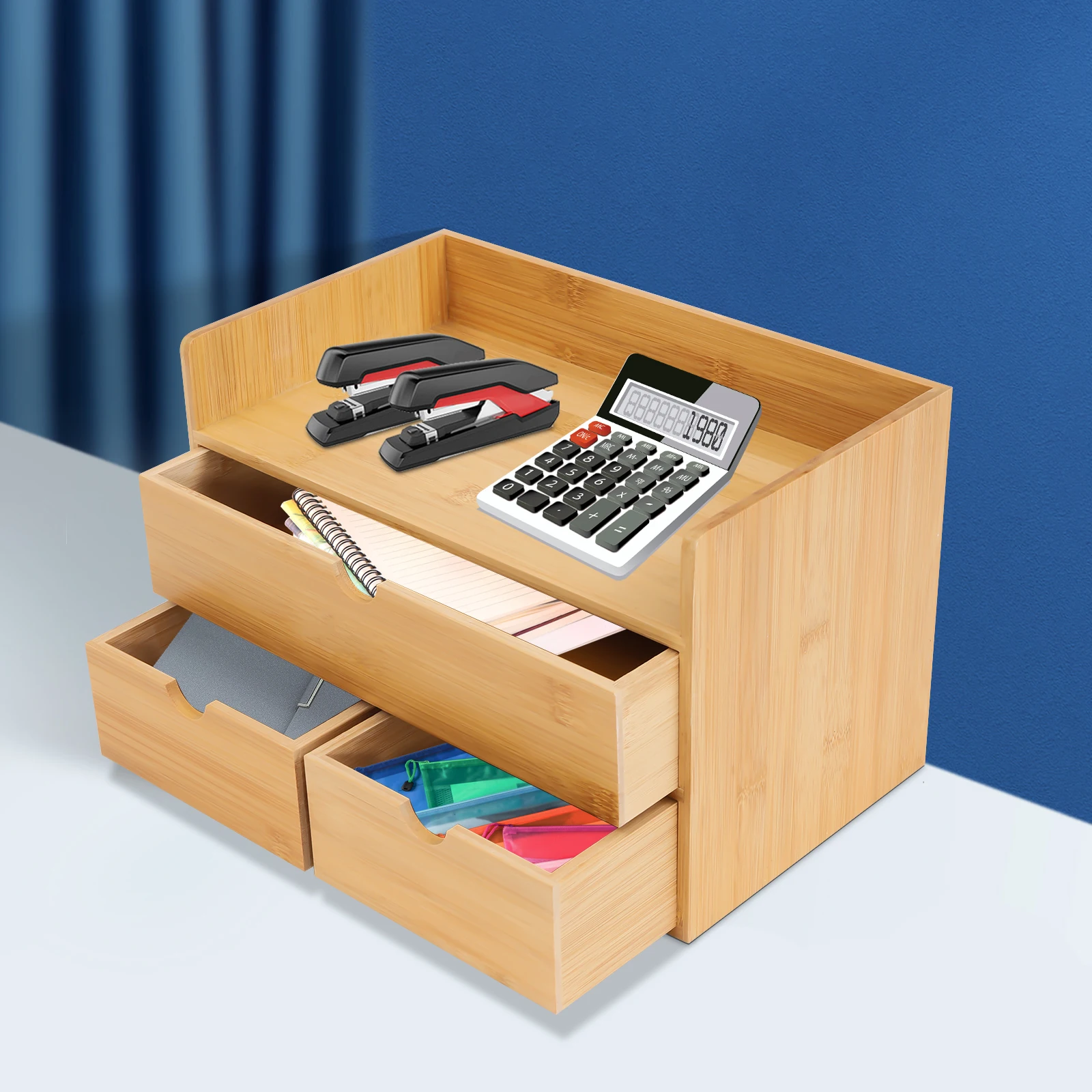 Bamboo Desk Organizer W/ 3 Drawers Tabletop Cosmetic Storage Simple Design For Stamps, Notes, Paper Clips, Scissors, Bills, etc