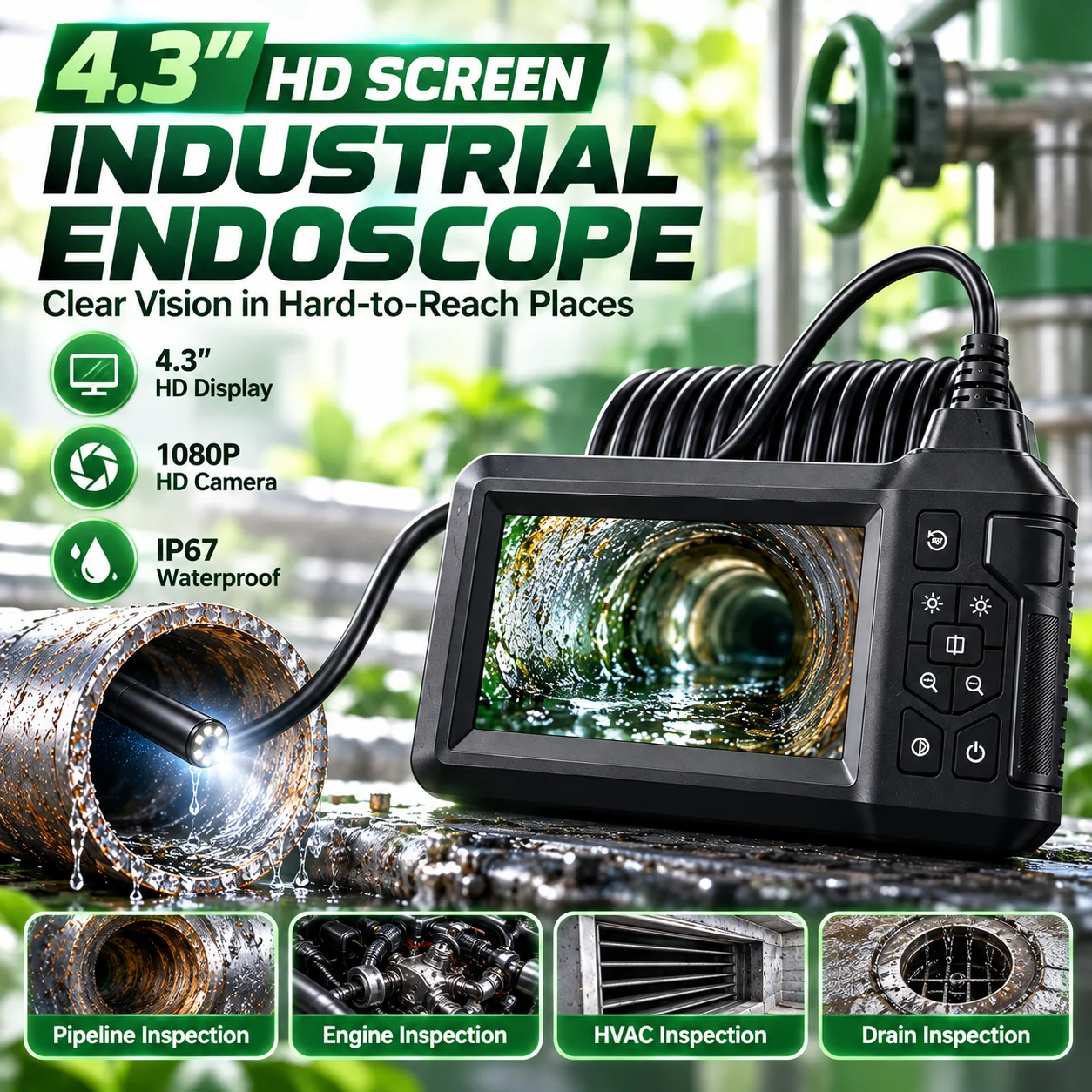 4.3 Inch 1080P Triple Lens Industrial Endoscope Borescope Camera HD Screen Flexible Cable for Car Engine Pipe Inspection