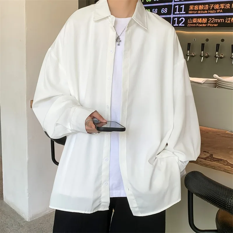 2024 Spring and Summer Hong Kong Style Spot Solid Color Shirt with Slit Loose Oversized Shirt for Casual Wear Men Clothing