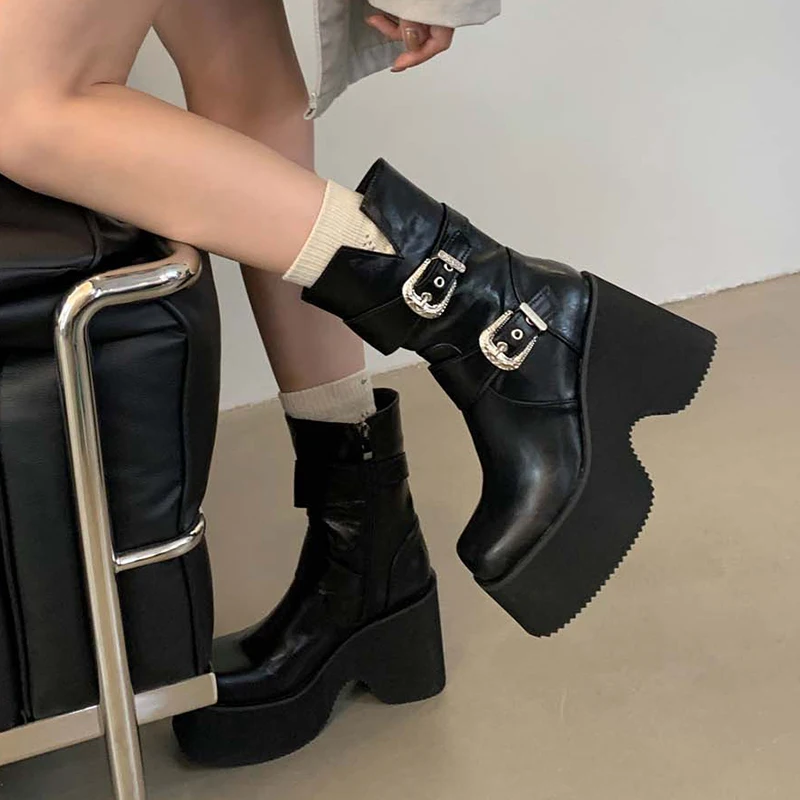 

ZOOKERLIN Boots For Women Platform Square Toe Leather Boot Chunky Heels Zipper Designer Women Shoes Fashion Girls Casual Shoes