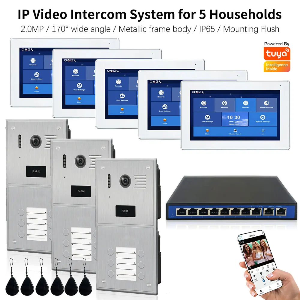 IP Video Intercom System for 5 Households with POE Switch 1080P TUYA Smart Doorbell Metal Suitable for Small High-rise Villas