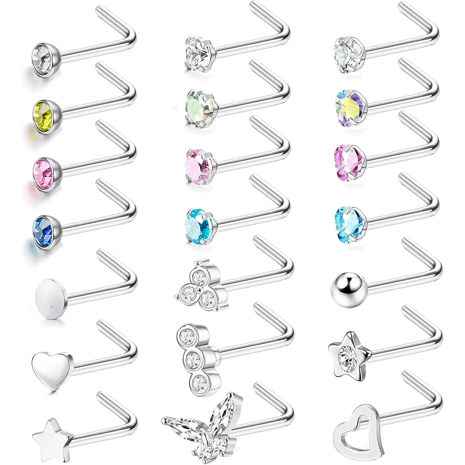 

Bobisty 21Pcs Nose Studs 316L Surgical Steel for Women Men Colorful CZ S/L Shaped Nose Stud Screw Nose Piercing Jewellery 20G
