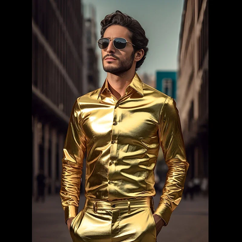 Shiny Glossy Gold Designer Clothes Men Nightclub Shirts Metallic Disco Party Halloween Costume Mens Blusas Steampunk Masculino