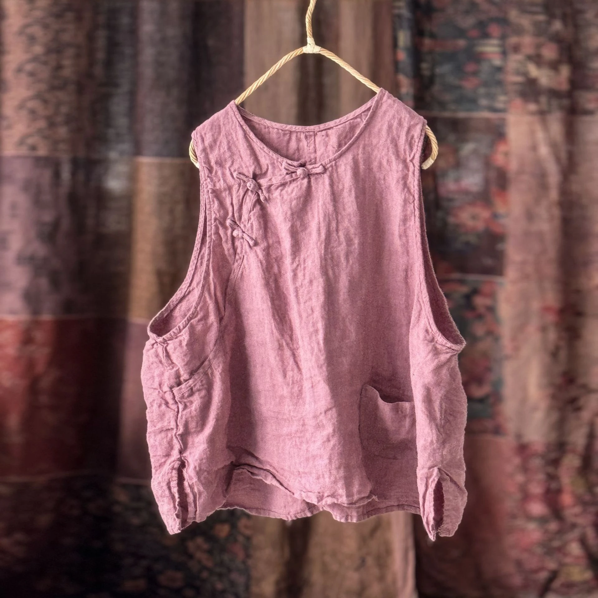 

Chinese Style Women Cotton Linen Vest Coats New 2025 Summer O-neck Solid Color Loose Female Sleeveless Casual Tops M493