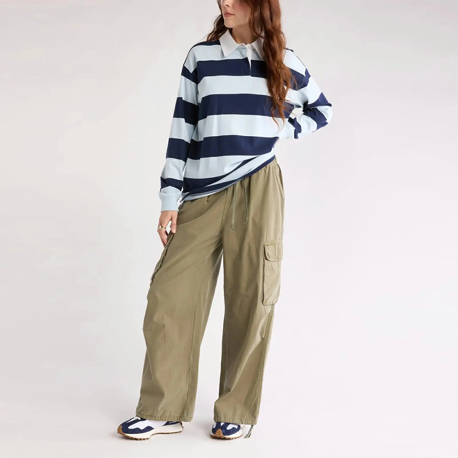 Combhasaki النساء Y2k مخطط المتضخم قمصان الرجبي في سن المراهقة الفتيات خمر بولو البلوز كم طويل زر تي شيرت غير رسمي بلايز