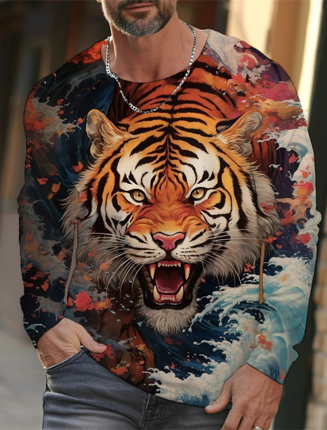2024 new men\'s Ukiyoe long-sleeved T-shirt 3D printed high-definition tiger print men\'s autumn tops casual round neck T-shirt