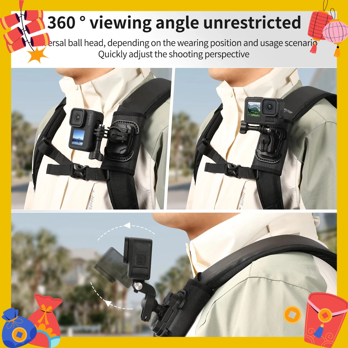 

Крепление для экшн-камеры на рюкзак 360 ° Регулируемый кронштейн-крепление для камеры Insta360 X5/Dji Pocket3/Gopro, аксессуар 360 °