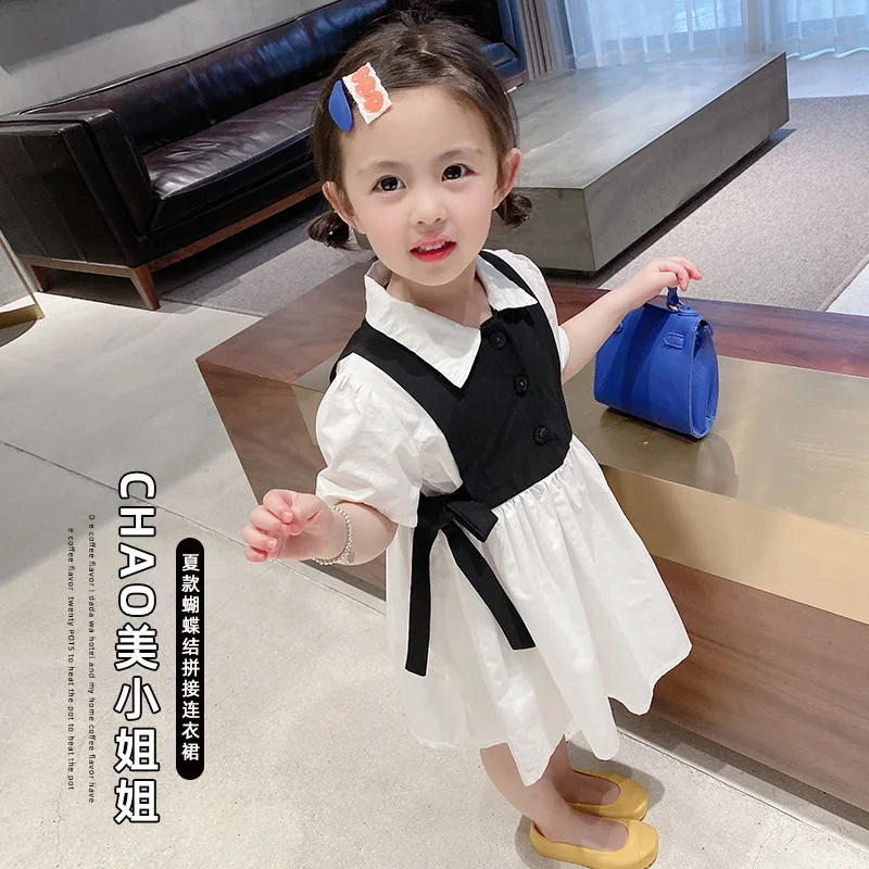 Girls' Foreign Style Fake Two-piece Dress 2025 Summer New Korean Version Children's Splicing Skirt Baby Summer Dress
