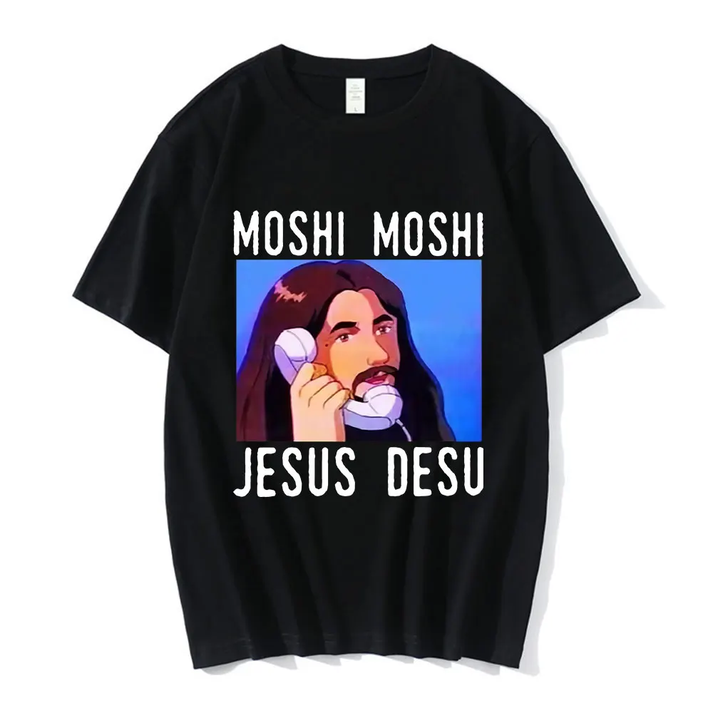 Nicolas Cage Moshi Moshi Jesus Desu T-Shirt Men Funny Meme Picolas Cage Awesome T-shirts Cotton Short Sleeve T Shirt Clothing