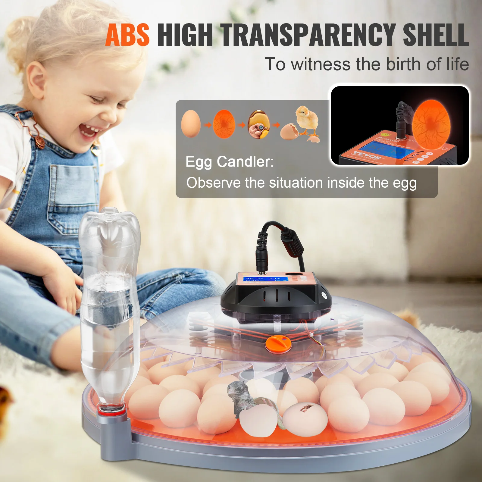 VEVOR Couveuse Œuf Automatique Incubateur pour Œufs à Couver Retournement Automatique 48 Œufs Contrôle de Température et d'Humidité Couvercle Transparent ABS pour Éclosion Œufs de Poule Canard Caille