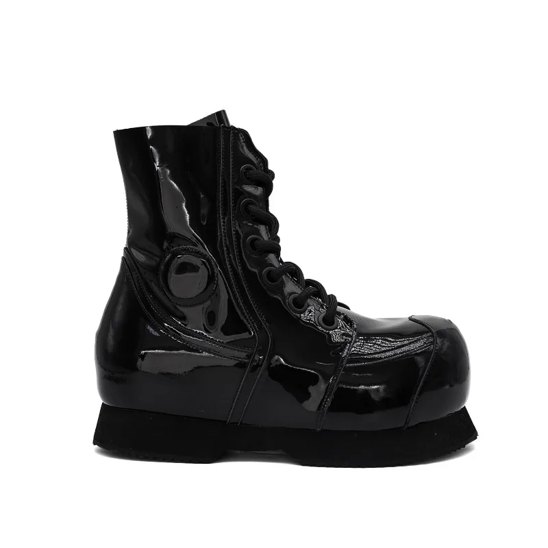 Fashion Men Shoes Patent Leather Platform Ankle Boots Lace Up Round Toe Gothic Sweet Lolita Cosplay Punk Shoes