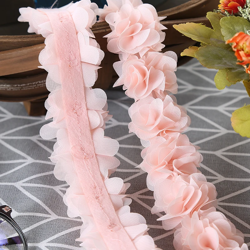 Flores de gasa 3D para decoración de ropa, cinta de encaje embellecedora de 5cm de ancho, accesorios sin diadema, 1 yarda (26 Flores)