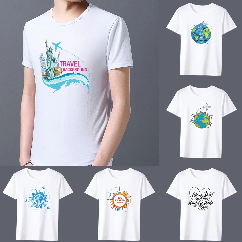 Men's T-shirt Basic Print Short Sleeve Anime Top Travel Series Casual White O-neck Youth Men's Commuter Comfortable Shirt