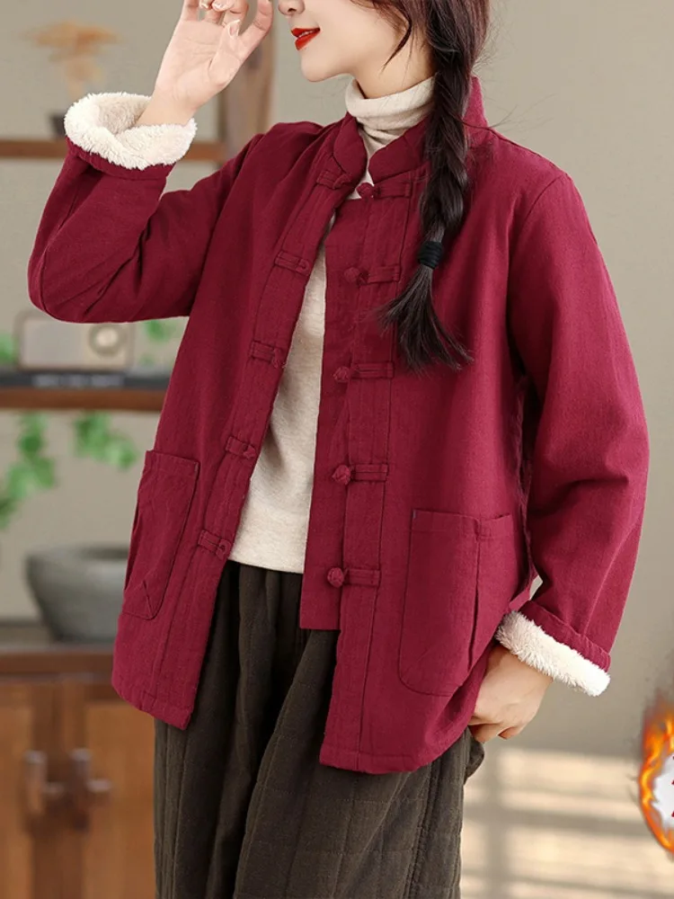 

Китайская бархатная куртка из ягненка, женская зимняя хлопковая наполнительная куртка с воротником-стойкой на пуговицах, традиционный костюм Тан, топ