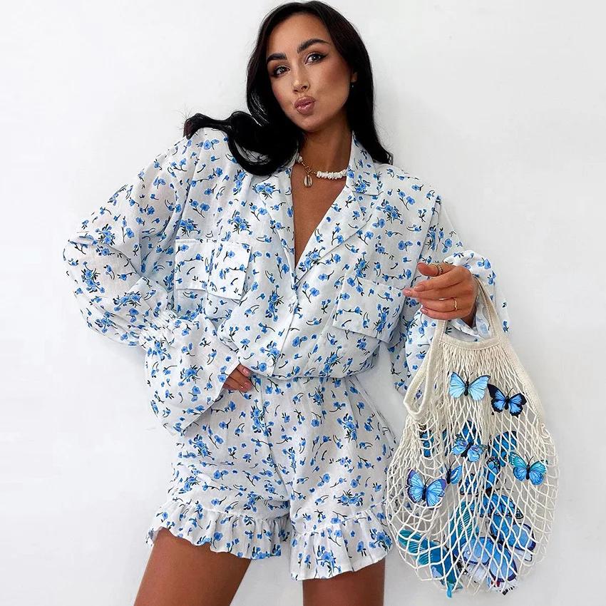 Summer Blue Flower Print Women\'s Pajamas Long-sleeved Ruffles Pants Short 2Pcs Outfit Pyjama Sleepwear Nightwear 100% Polyester