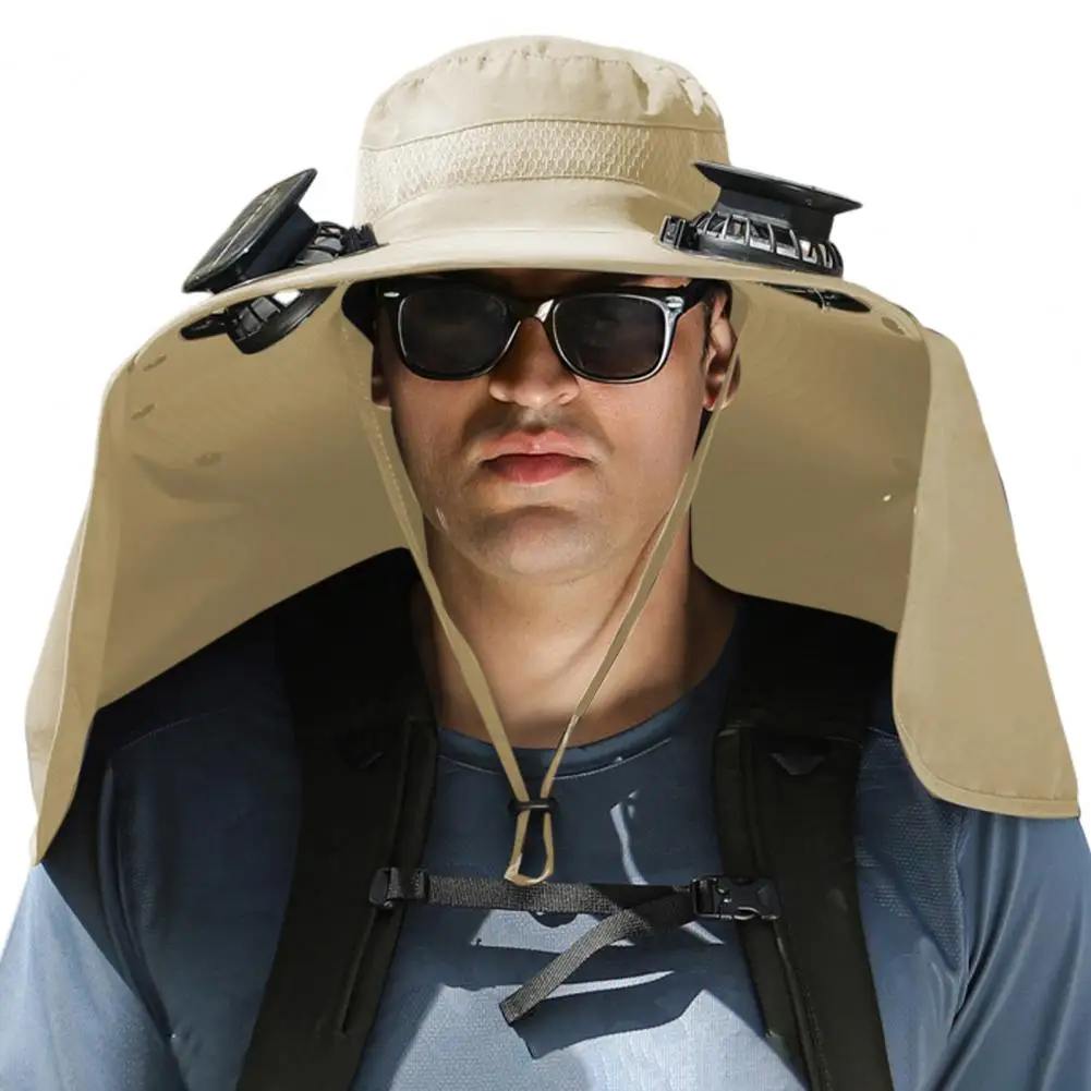 Solar Fan Hat with Neck Flap USB Rechargeable UV Protection Dual Cooling Fan Fishing Hat Foldable Men Women Fisherman Hiking Mou