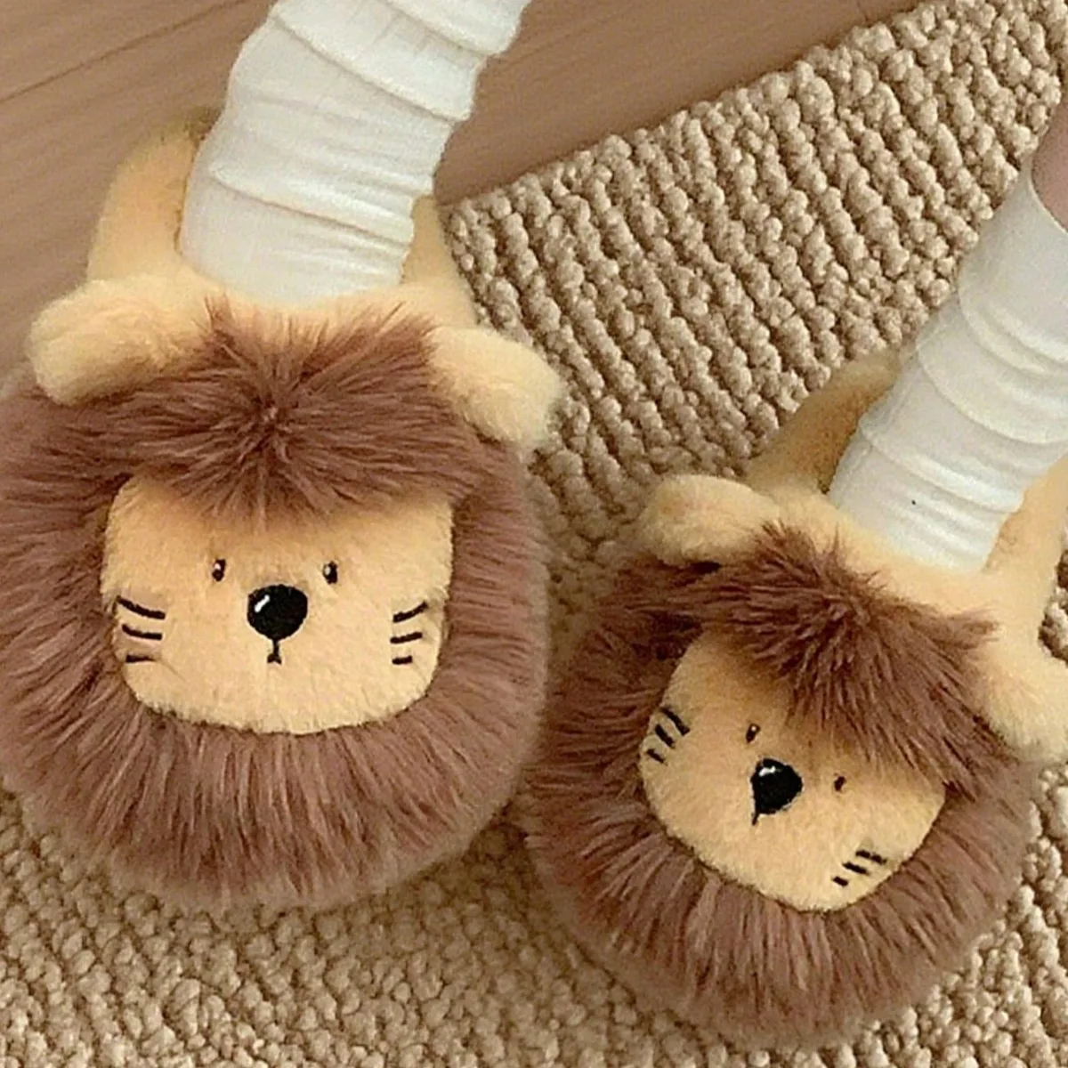 Women House Fur Slippers Casual Cute 3D-shaped Lovely Lion Design Yellow Khaki Winter Indoor Non-slip Warm Soft Soles Comfy Home image 4