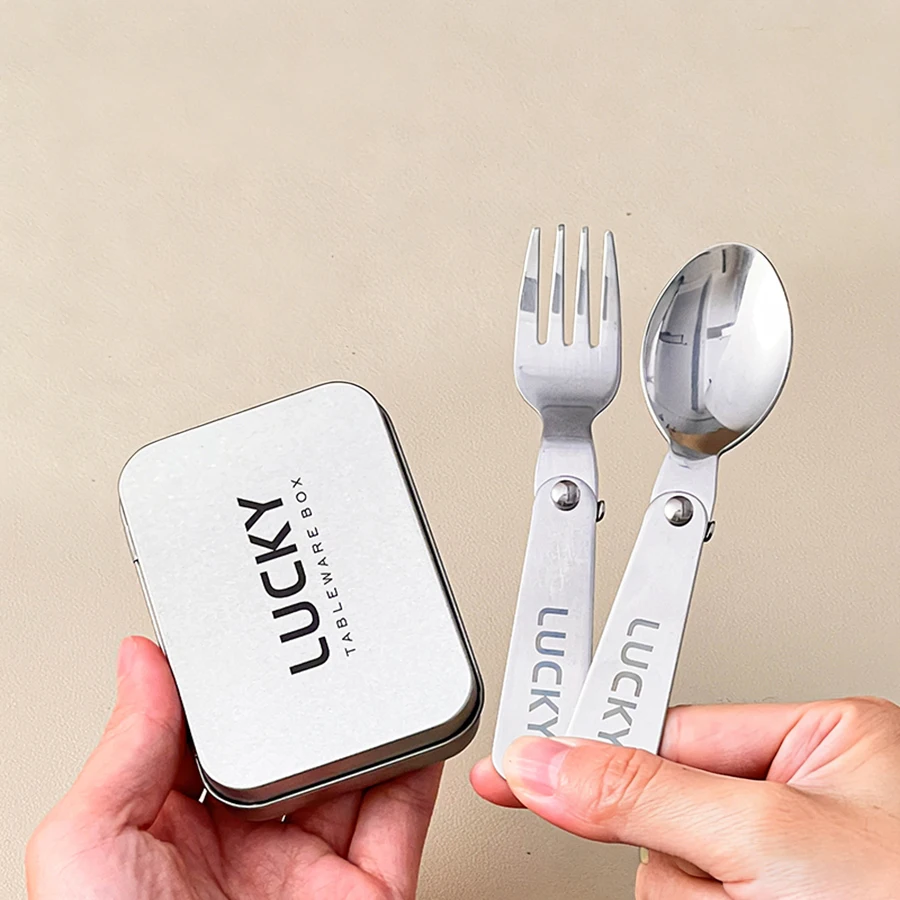 3Pcs/Set Cartoon Portable Foldable Tableware Set 304 Stainless Steel Fork Spoon With Iron Box Outoor Travel Folding Dinnerware