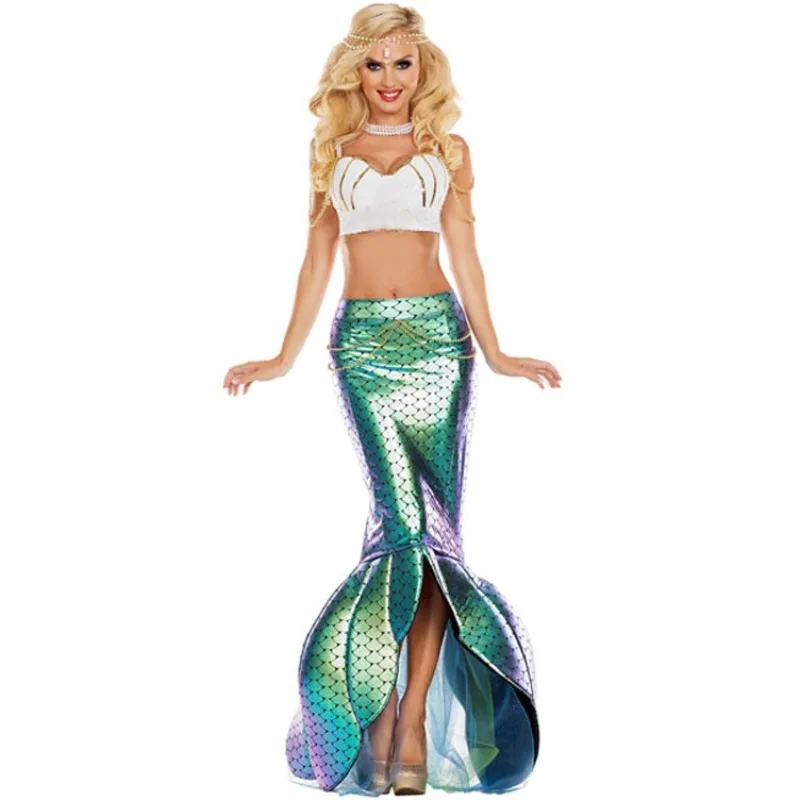

Halloween Costume Adult Women Mermaid Long Skirt High Waisted Stretch Slim Shiny Fish Scale Printed Sexy Bra Clothes Sets Fancy
