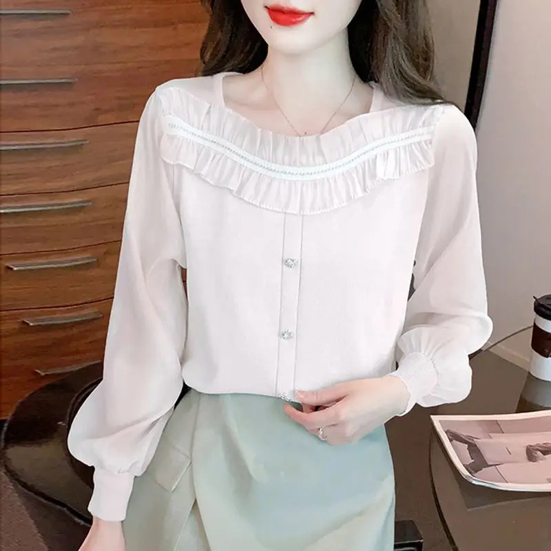 Sweet Fashion Spring Autumn New Women\'s Solid Square Collar Lace Patchwork Button France Chic Long Sleeve Chiffon Shirt Tops