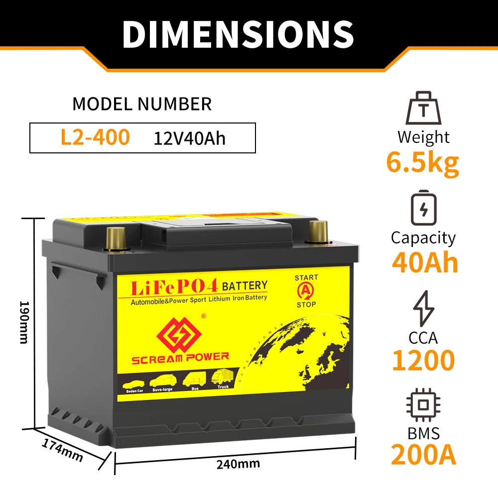 L2-400 LiFePO4 Car Battery 12V 40Ah Automotive Battery For Car Starting 1200CCA High-Performance Maintenance Free Rechargeable