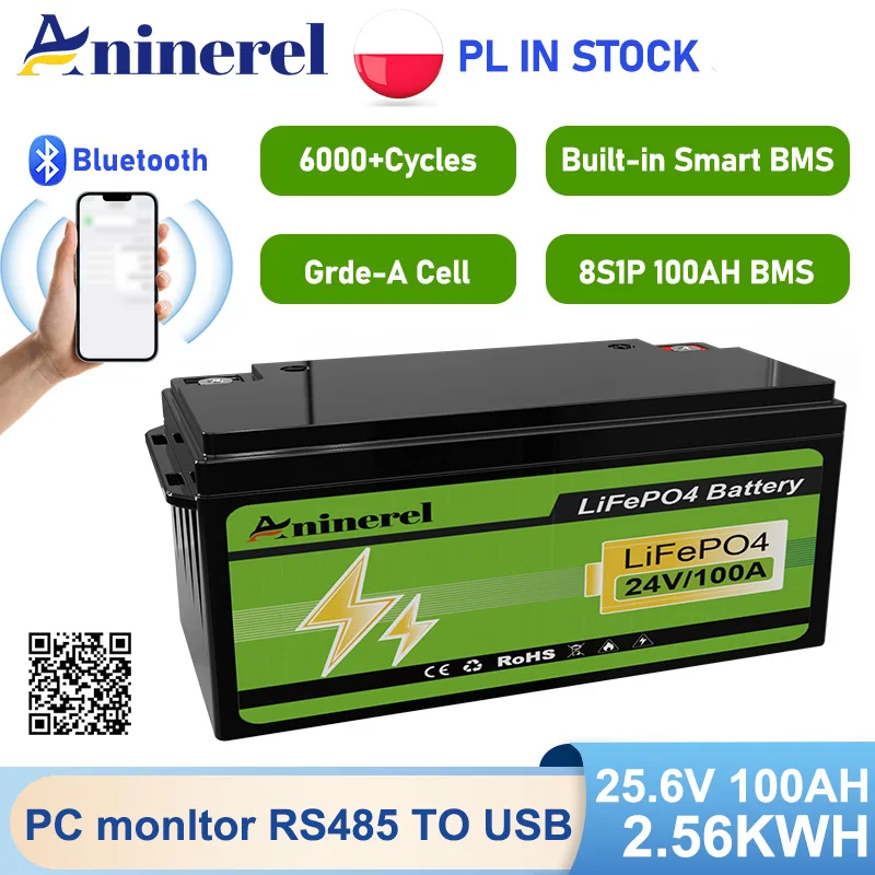 Aninerel 4.2KW Inverter 25.6 100AH LiFePO4 battery 6000 cycles 2560Wh capacity outdoor Solar portable battery Built-in Bluetooth