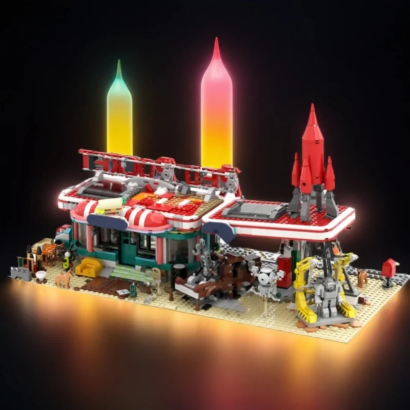 1996pcs MOC Red Rocket Modular Gas Station Fallout Architecture Street Scene Model Building Blocks Hero SciFi Pirate Toy Gift