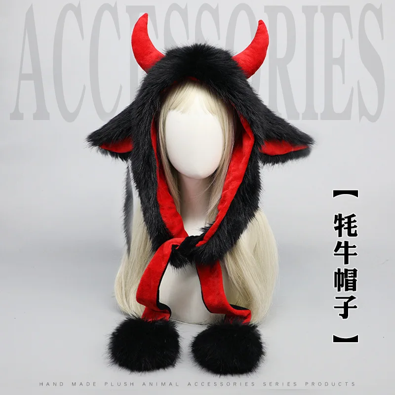 Role Play Cow Hat Earflap Protection Bomber Windproof Horn Cap Cosplay Costume for Women Men Fluffy Halloween Devil Gorras H2