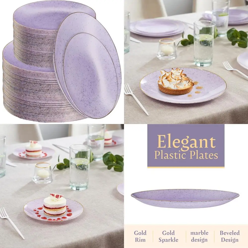 

Elegant 128-Piece Plastic Plate Set: 64 Purple Granite Dinner & 64 Salad Plates with Gold Rims