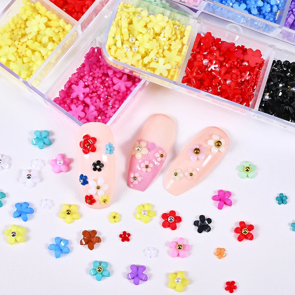 6Grids Y2K Acrylic Flower 3D Nail Art Charms 3D Mix Resin Flower Rhinestone Jewelry Golden Beads Caviar Pearl Accessory Manicure